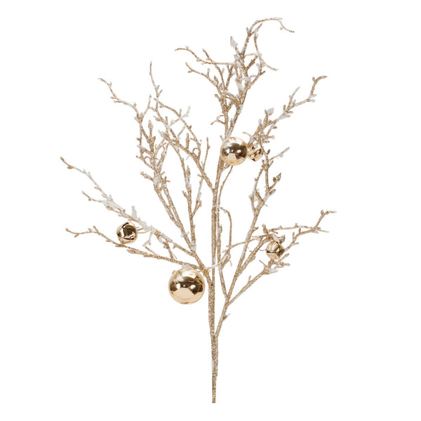 White and gold flocked Christmas twig branch with sleigh bell accents, 25 inches tall