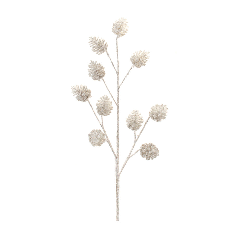 Six tall glittered silver and white pinecone Christmas sprays
