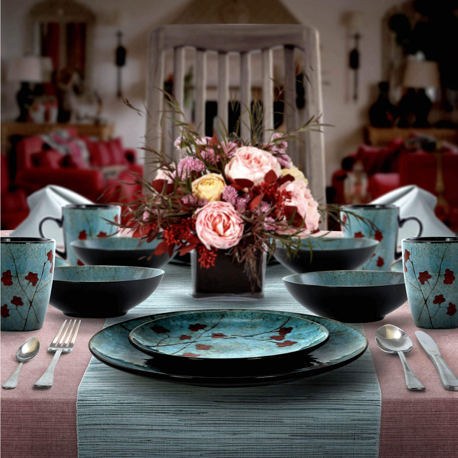 Elama Floral Accents 16-Piece Stoneware Dinnerware Set, Blue with Red Floral - Service for 4