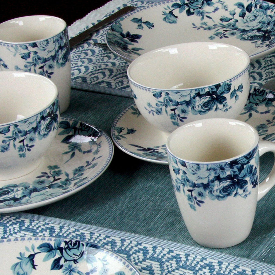 Elama Traditional Blue Rose 16 Piece Stoneware Dinnerware Set, Service for 4