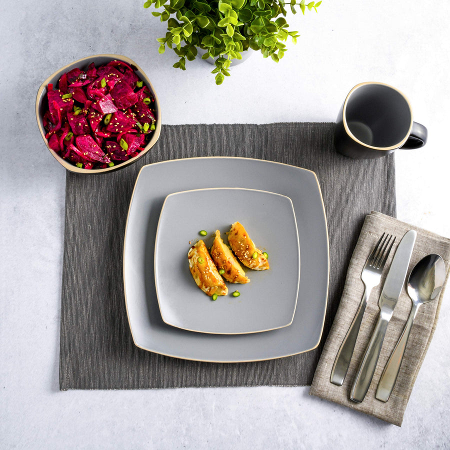 Gibson Elite Soho Lounge 16-Piece Square Stoneware Dinnerware Set, Service for 4, Matte Gray
