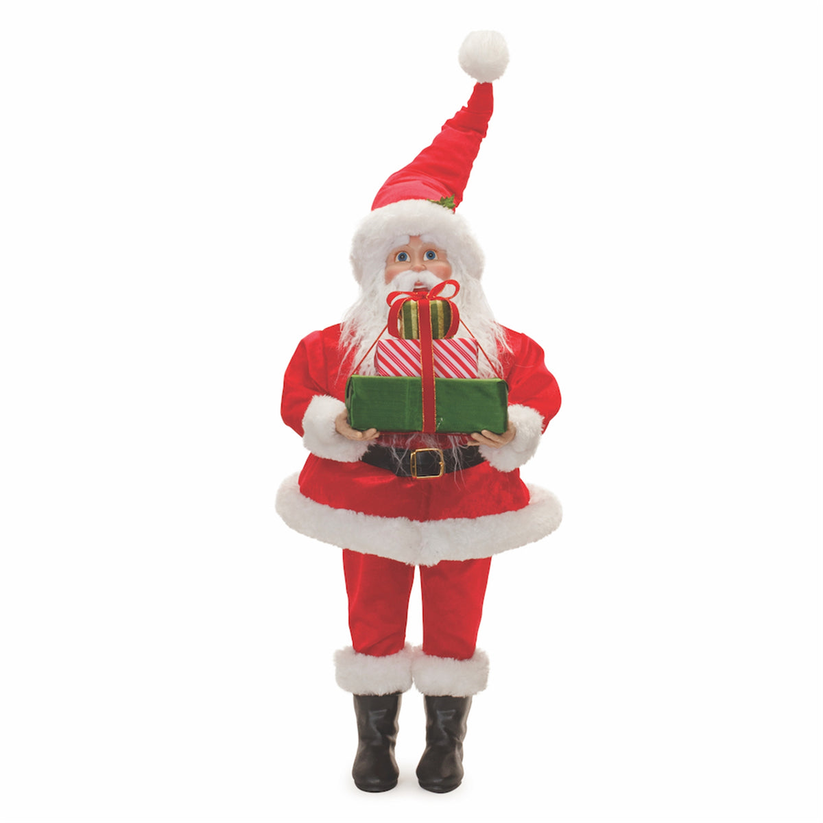 Plush traditional Santa figure in red and green with stacked wrapped presents, 30.5 inches tall