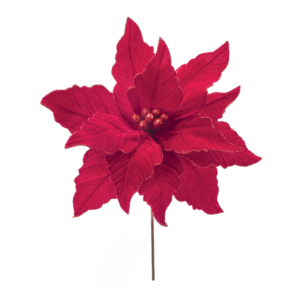 Glittered red poinsettia Christmas flower stem with metallic berry accents, 24 inches tall