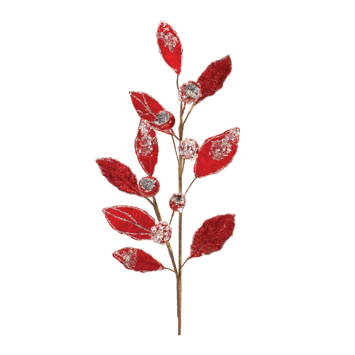 Beaded Red Leaf Stem Set of 2 - Red Velvet and Polyester, 29.5 in Wired Faux Stems with Beaded Accents for Vases Christmas Decor