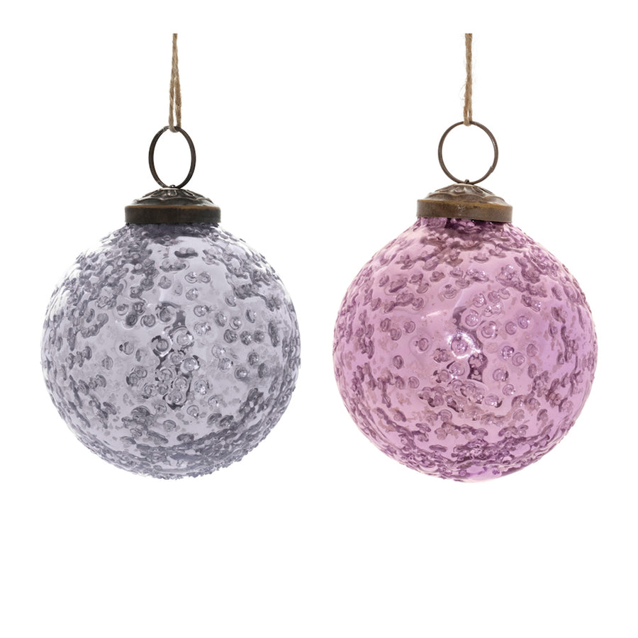 Set of 6 distressed glass ball Christmas ornaments in lilac and violet purple with rustic brass hangers