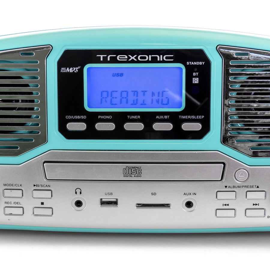 Trexonic Retro Record Player with Bluetooth, CD Player & 3-Speed Turntable, Turquoise