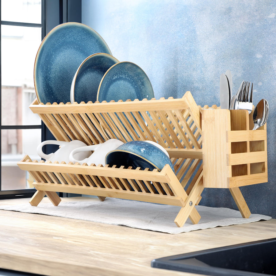 Elama 2-Tier Collapsible Bamboo Dish Drying Rack, Folding Countertop Drainer