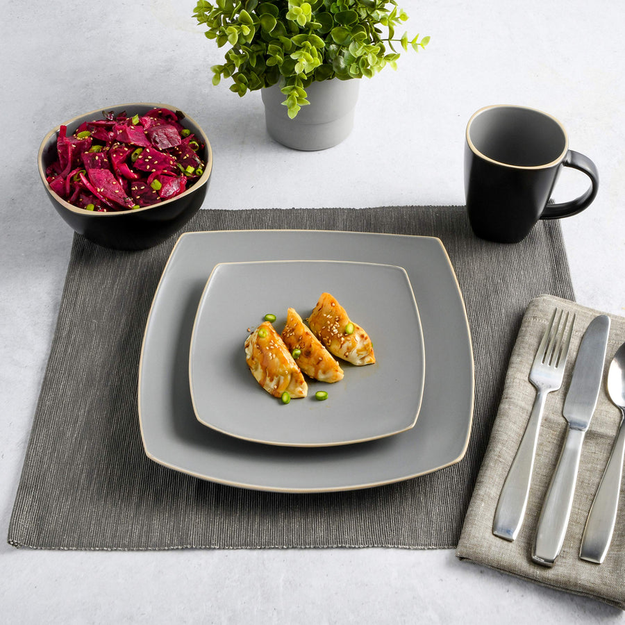 Gibson Elite Soho Lounge 16-Piece Square Stoneware Dinnerware Set, Service for 4, Matte Gray