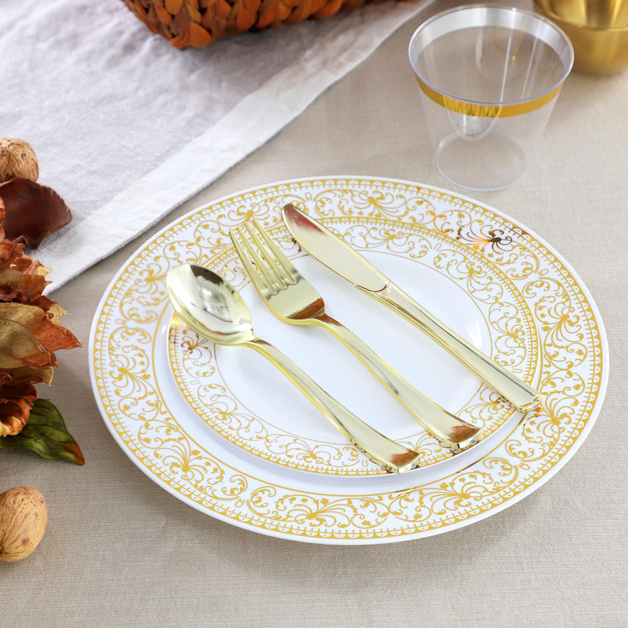 Elama 150 Piece Disposable Plastic Dinnerware Party Set, White with Gold Decal Trim