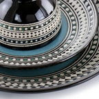 Elama Blue Sage 16-Piece Double Bowl Stoneware Dinnerware Set – Blue Geometric Rim Service for 4