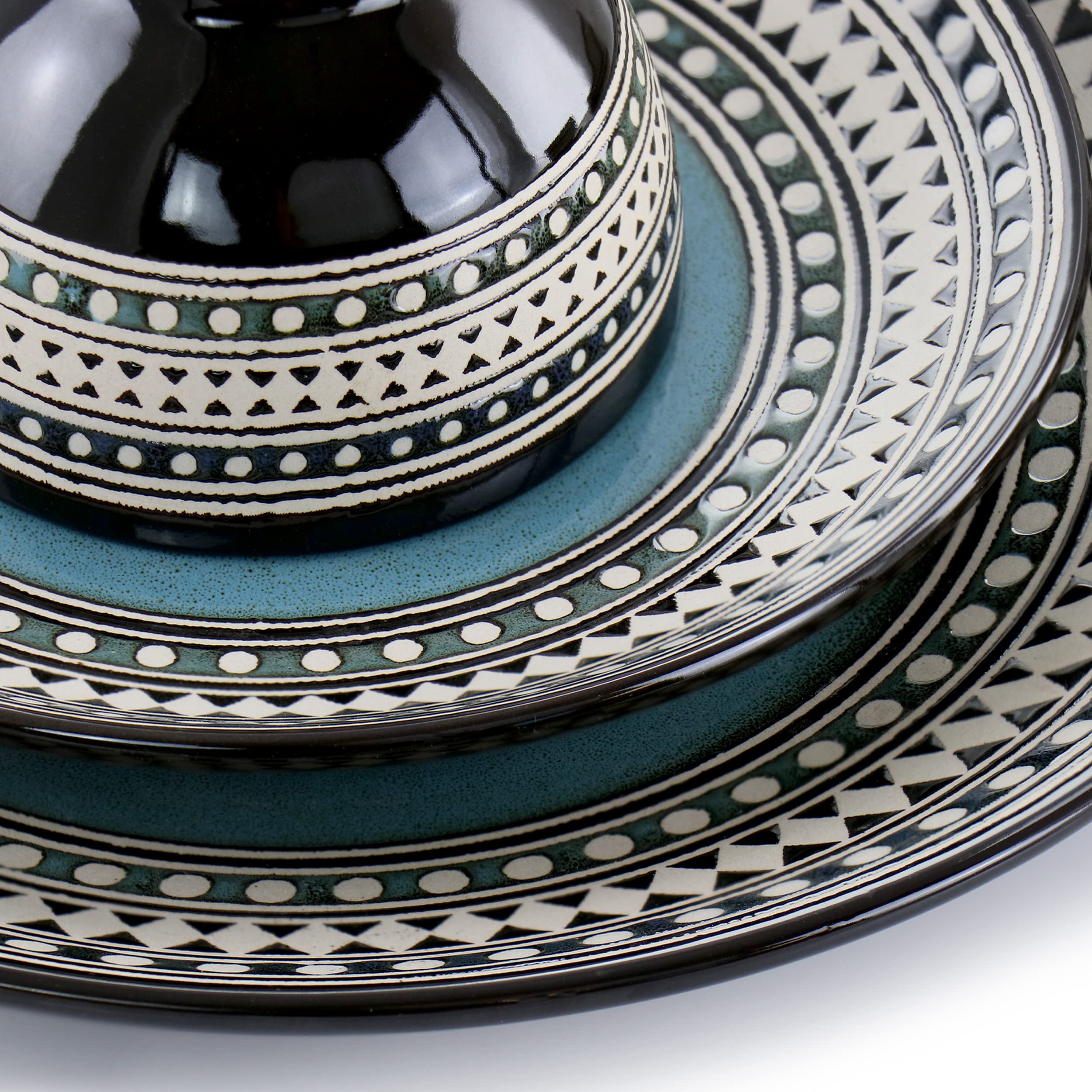 Elama Blue Sage 16-Piece Double Bowl Stoneware Dinnerware Set – Blue Geometric Rim Service for 4
