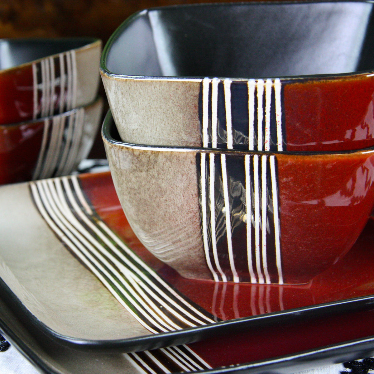 Square Stoneware Dinnerware Set for 4, 16 Piece Double Bowl, Bold Color Block Design, Elama Downtown Loft