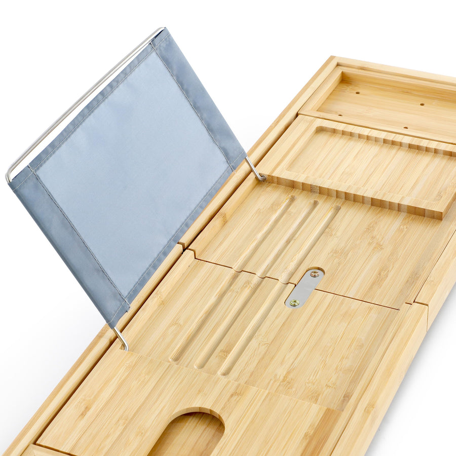 Elama Expandable Bamboo Bath Tray, Adjustable Bathtub Caddy with Book and Tablet Holder, Wine Glass Slot and Spa Accessory Compartments