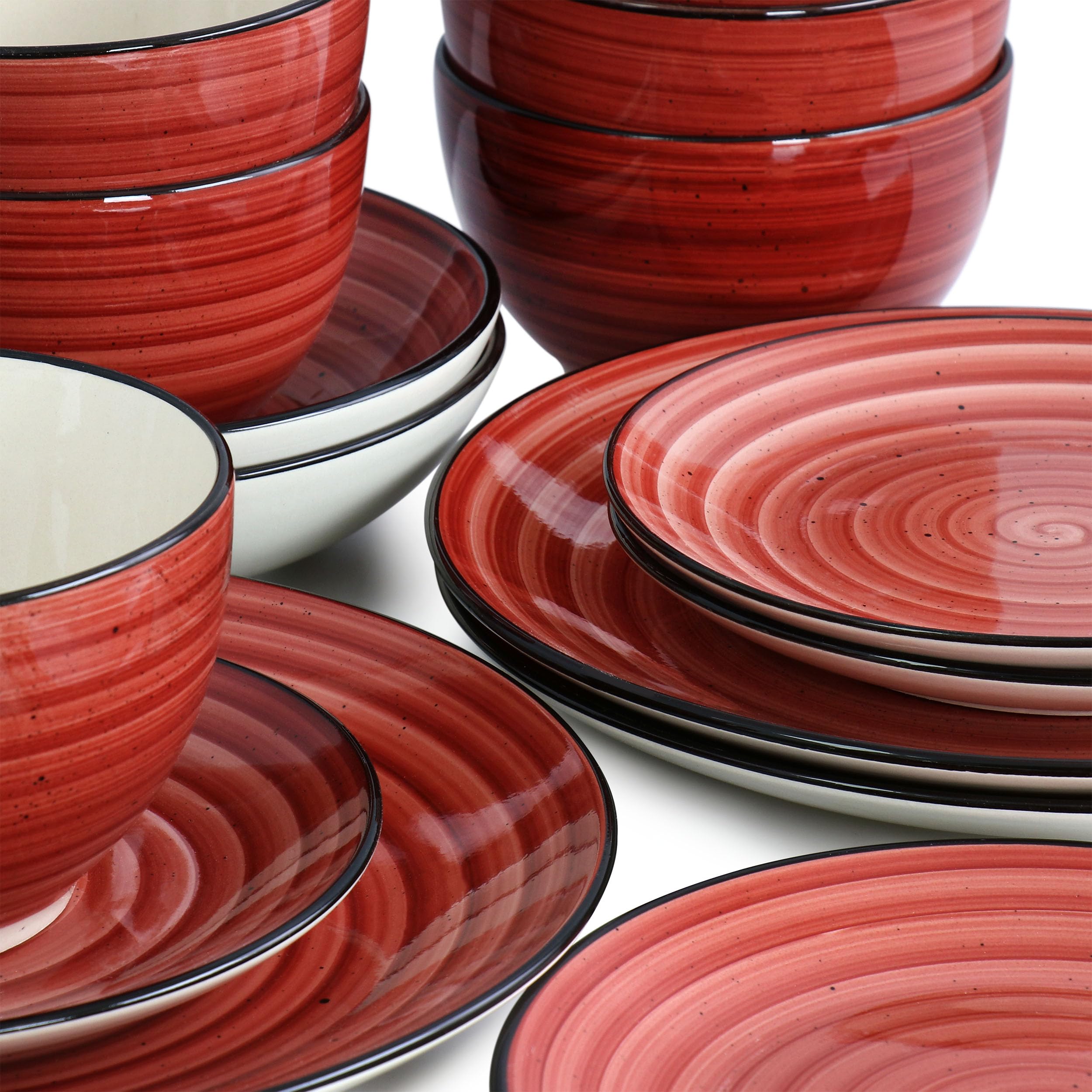 Elama Gia 24-Piece Stoneware Dinnerware Set – Red, Service for 6 with Plates, Soup Bowls & Cereal Bowls (Microwave & Dishwasher Safe)