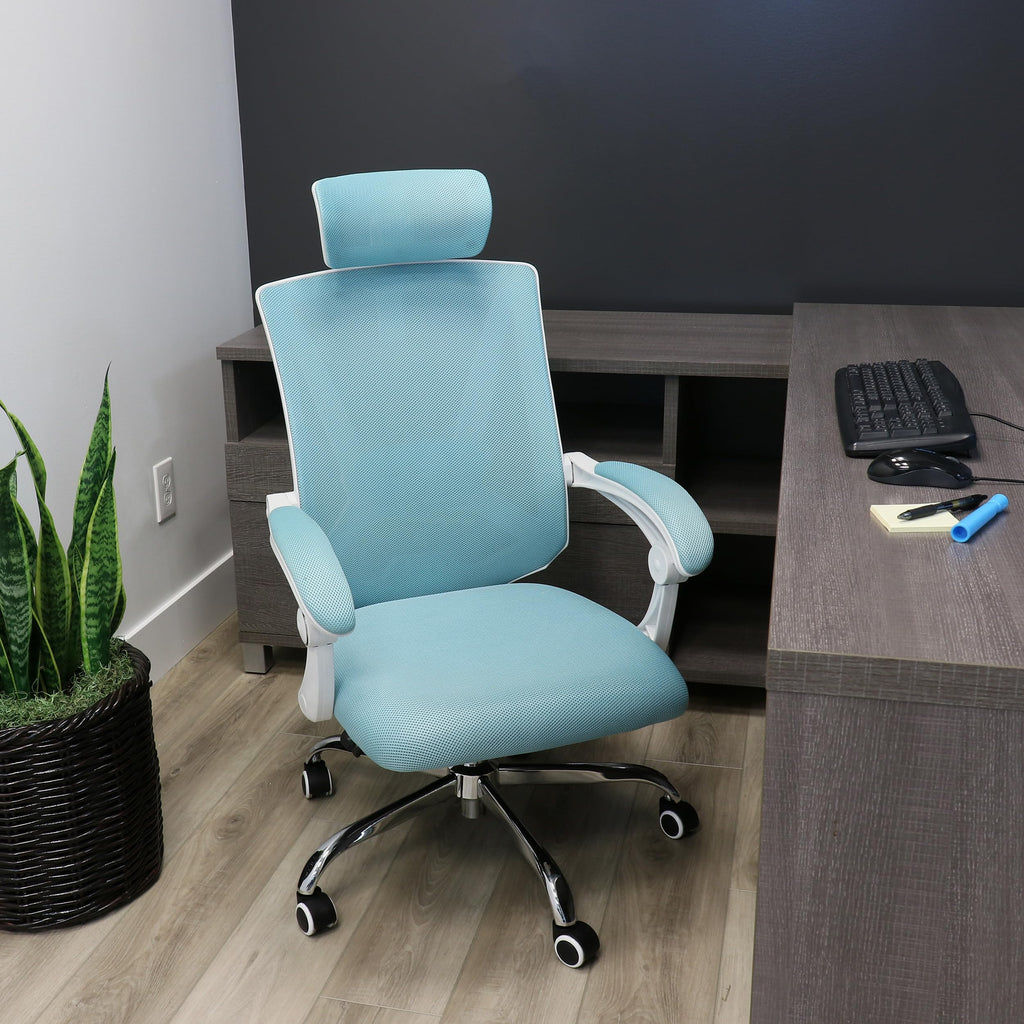 Elama Full-Back Mesh Adjustable Office Chair with Headrest – Blue & White Ergonomic Home Office, Lumbar Support, 360° Swivel