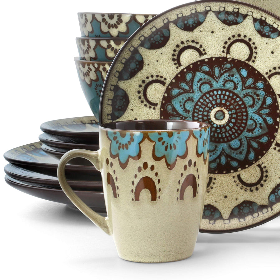 Elama Clay Hart 16-Piece Round Stoneware Dinnerware Set, Tan & Blue - Service for 4