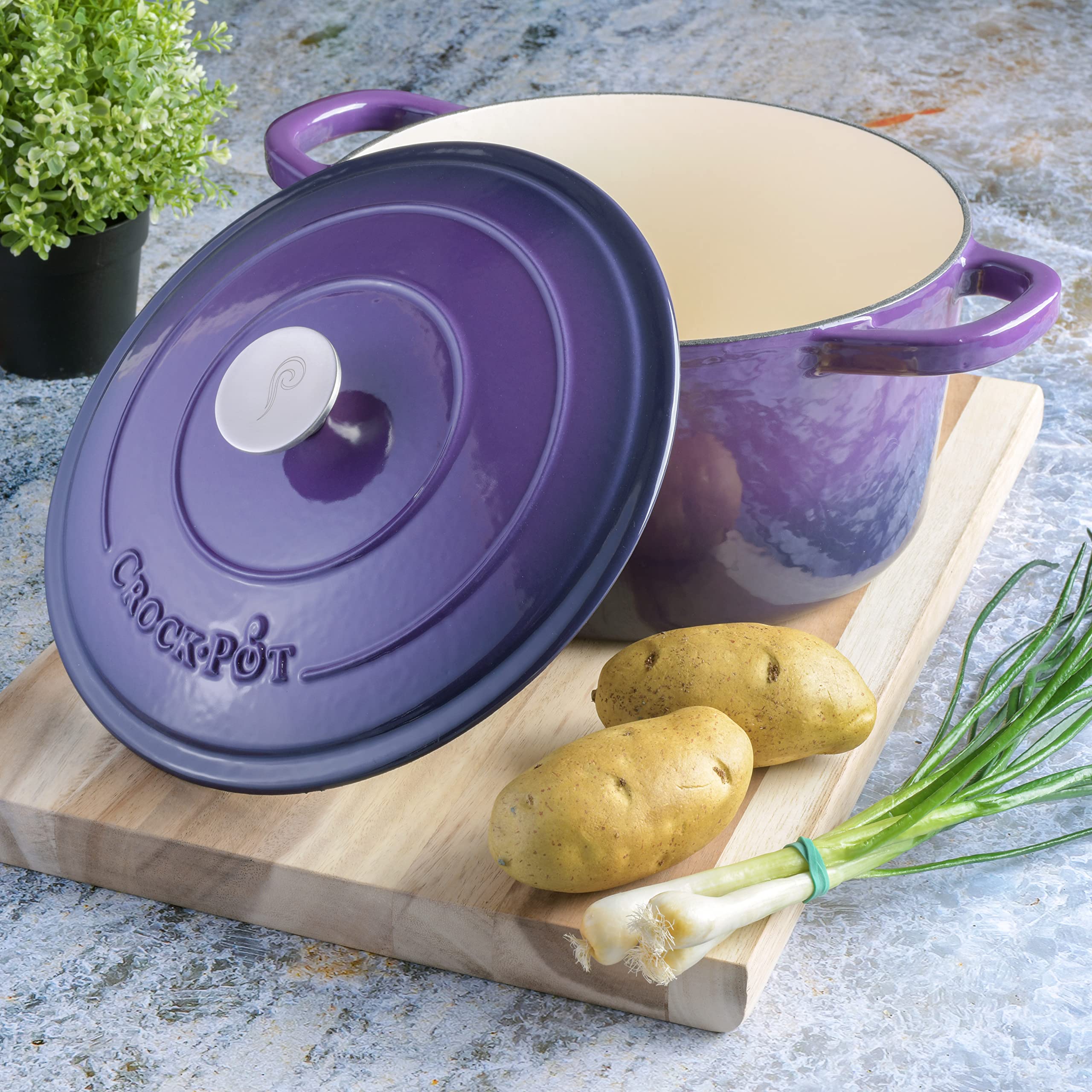 Crock-Pot Artisan 7-Quart Round Enameled Cast Iron Dutch Oven with Lid – Lavender Purple Heavy-Duty Cookware