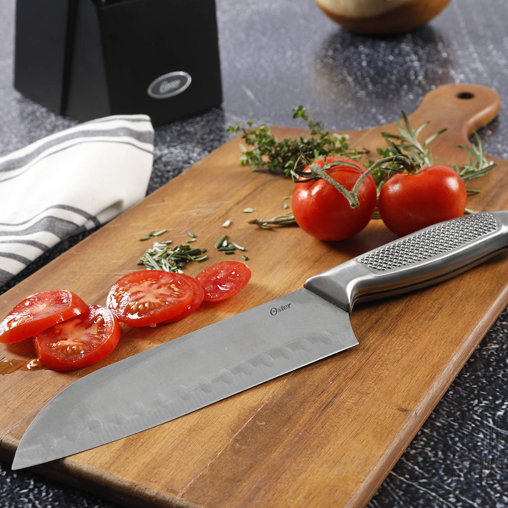 Oster Edgefield 14-Piece Stainless Steel Cutlery Set with Black Block – Chef, Santoku, Steak Knives & Shears