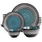 Elama Blue Sage 16-Piece Double Bowl Stoneware Dinnerware Set – Blue Geometric Rim Service for 4
