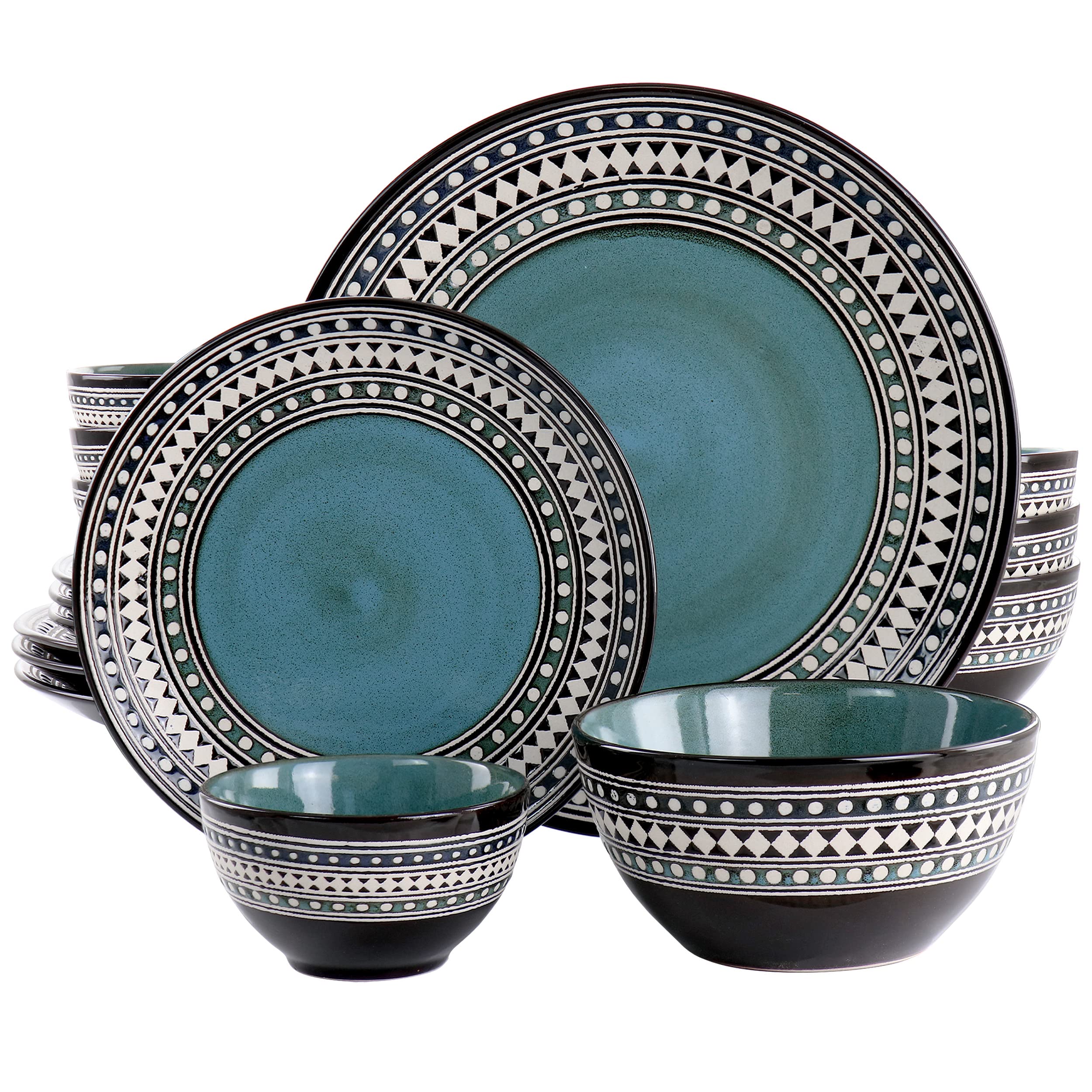 Elama Blue Sage 16-Piece Double Bowl Stoneware Dinnerware Set – Blue Geometric Rim Service for 4