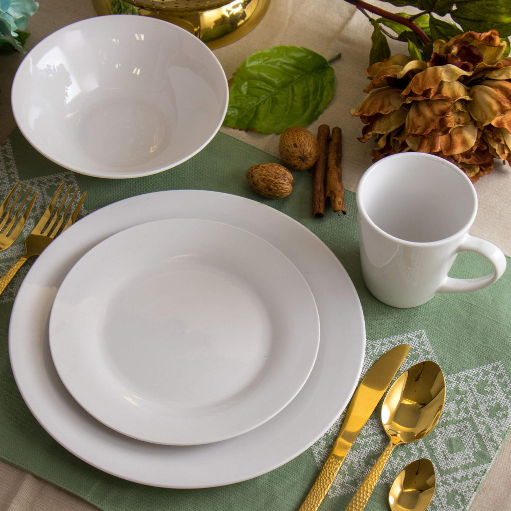 Elama Marshall 16-Piece Porcelain Dinnerware Set in White – Service for 4, Coupe Plates & Bowls, Microwave & Dishwasher Safe