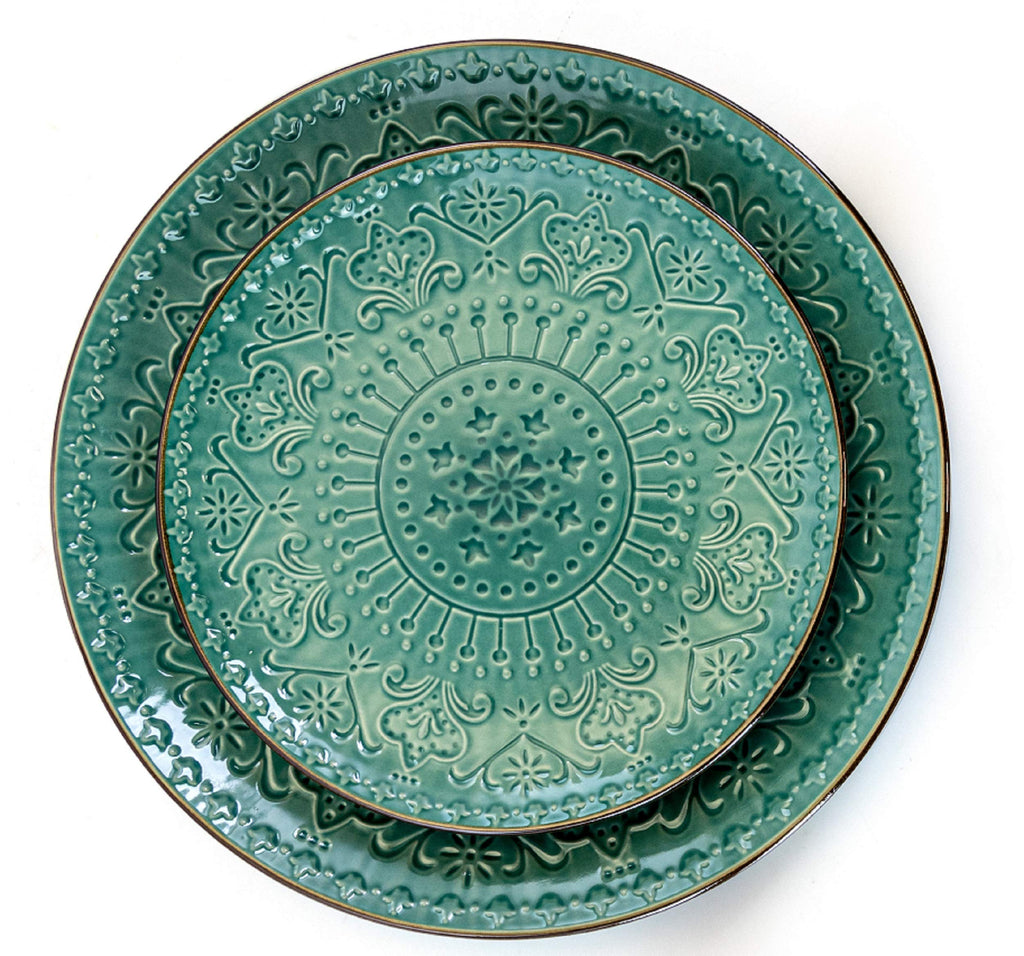 Elama Sea Foam Mozaic 16-Piece Round Stoneware Dinnerware Set – Sea Green with Embossed Mandala Texture, Service for 4