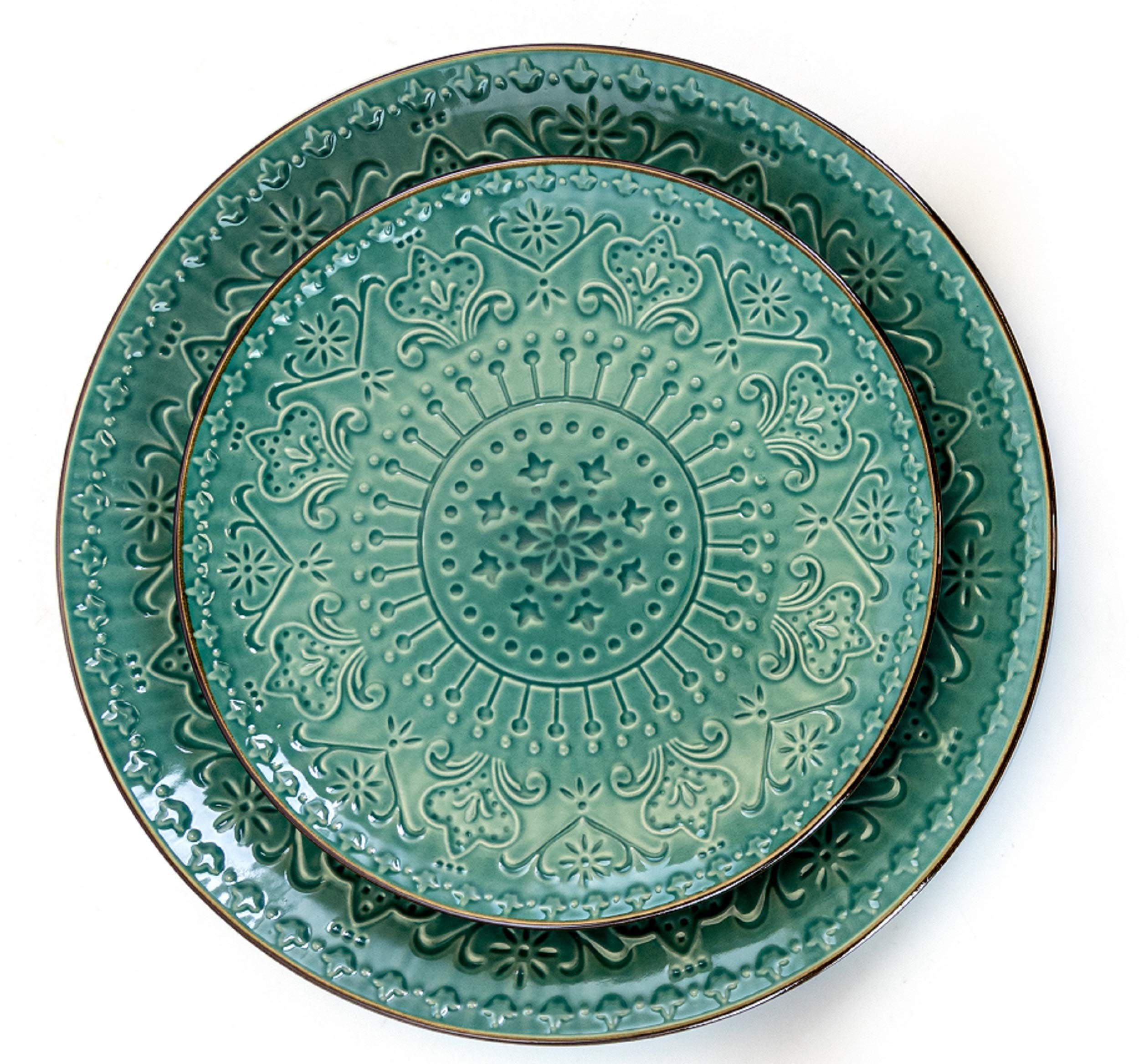 Elama Sea Foam Mozaic 16-Piece Round Stoneware Dinnerware Set – Sea Green with Embossed Mandala Texture, Service for 4