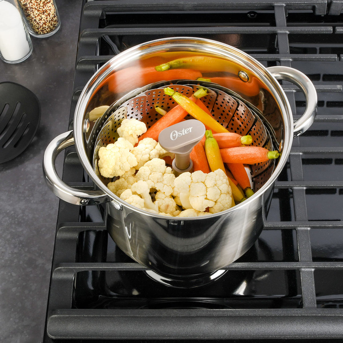 Oster Sangerfield Stainless Steel Expandable Steamer Insert, 7 to 10.5 Inches, Collapsible Steamer Basket