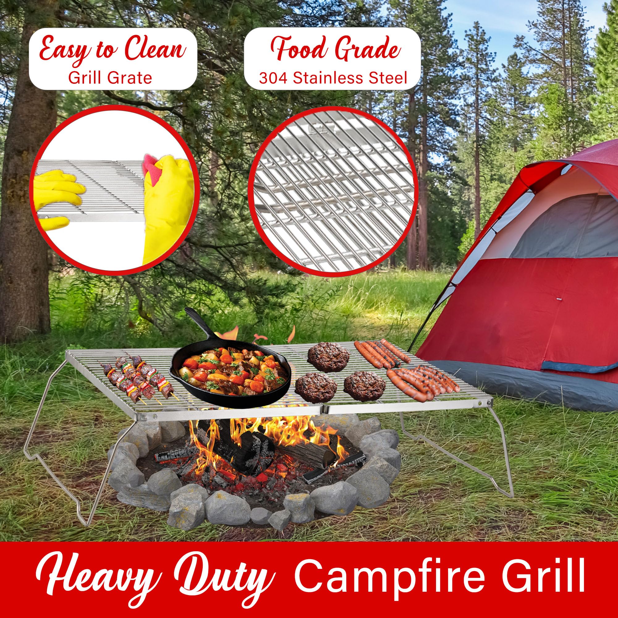 Brentwood BB-17X25SS 25 x 17 in Heavy-Duty Stainless Steel Portable Folding Campfire Grill with Carry Bag