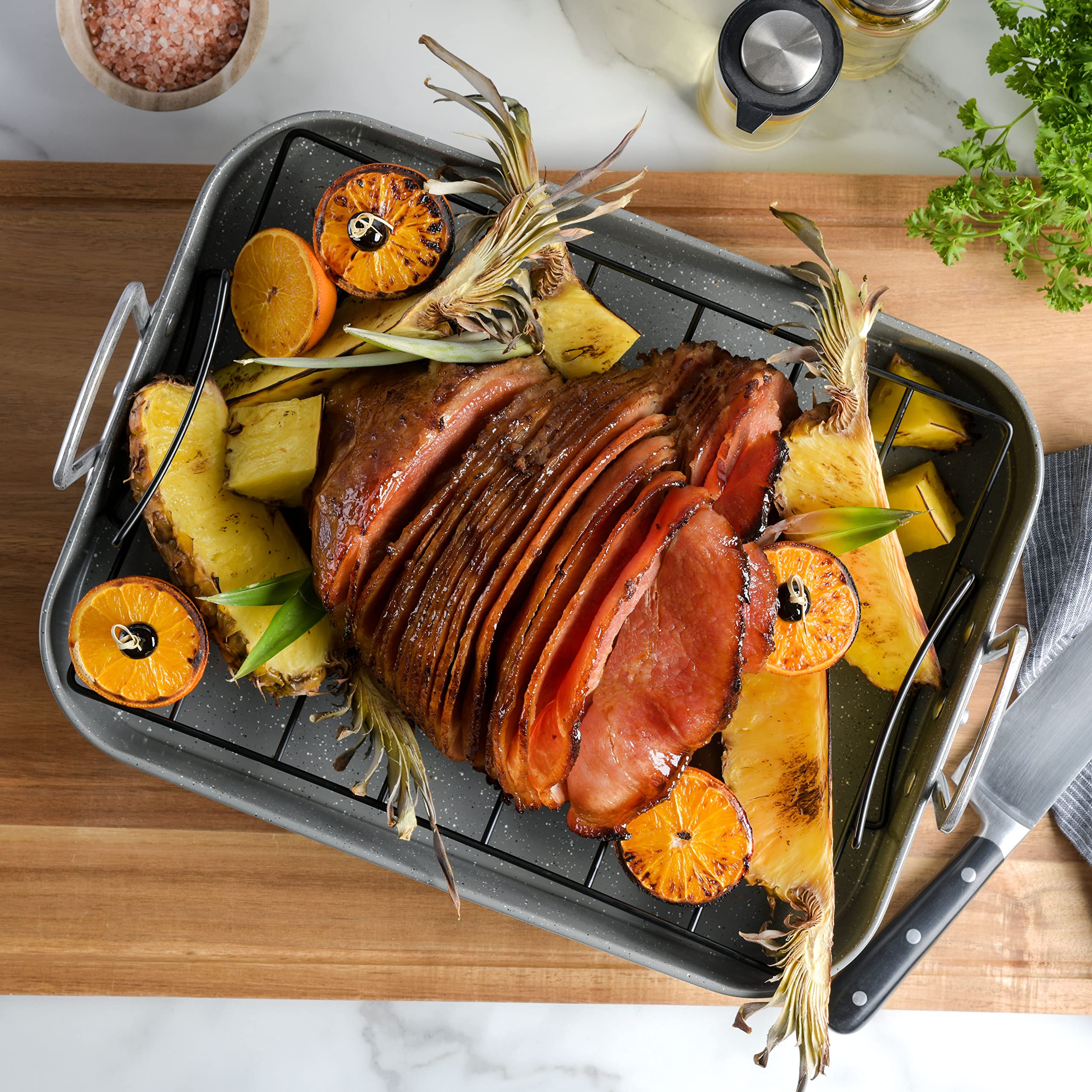 Oster Greystone 2-Piece Carbon Steel Turkey Roaster Set with V-Rack, Grey Speckle - 16.25 x 12.75 in, PFAS-Free Disclosure