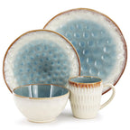 Elama Leann 16-Piece Stoneware Dinnerware Set – Textured Blue & Beige with Brown Color-Rim, Service for 4