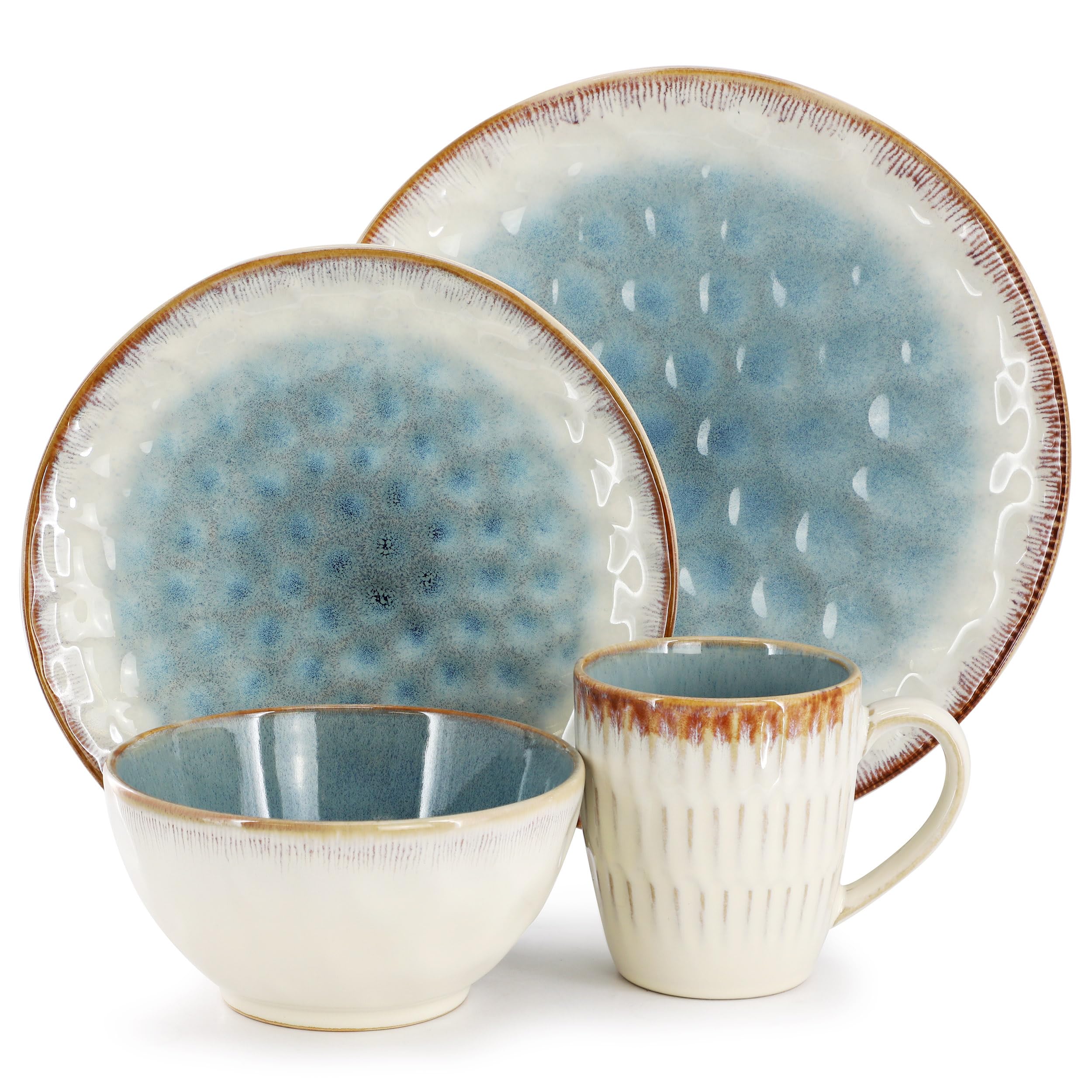 Elama Leann 16-Piece Stoneware Dinnerware Set – Textured Blue & Beige with Brown Color-Rim, Service for 4