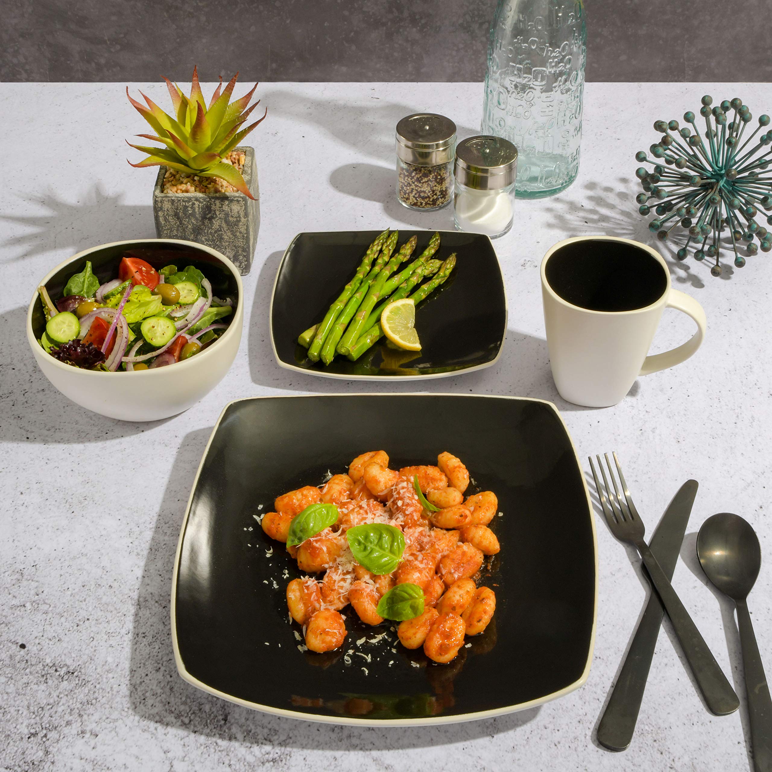 Gibson Soho Lounge Square 16-Piece Reactive Glaze Stoneware Dinnerware Set – Black & White Modern Service for 4