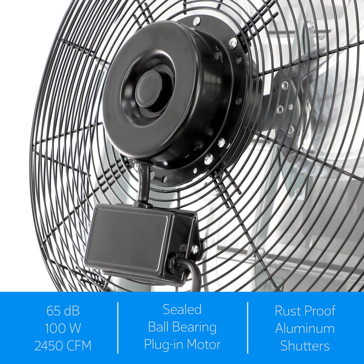 Vie Air 18 Inch Aluminum Shutter Exhaust Fan with Power Cord, 2,450 CFM Wall-Mount Ventilation, Silver