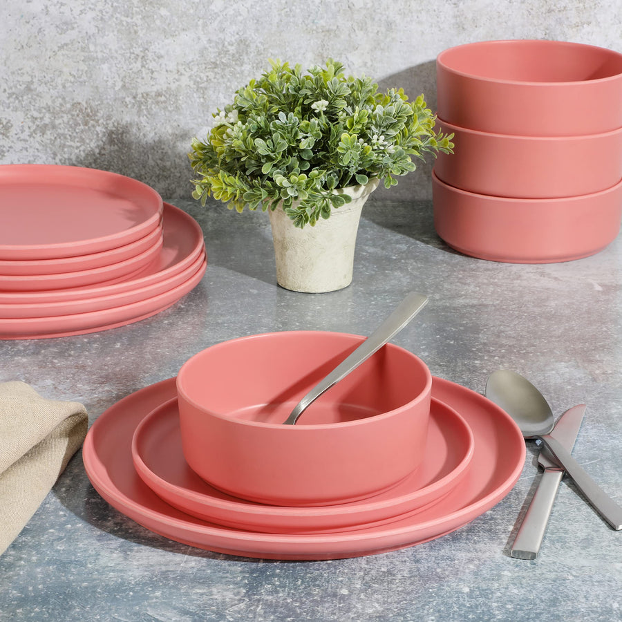 Gibson Home Canyon Crest 12-Piece Stackable Matte Melamine Dinnerware Set, Rose Red (Service for 4)