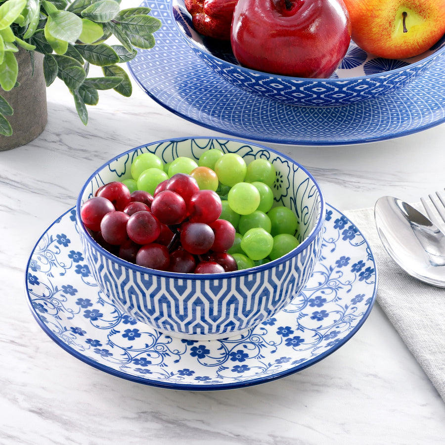 Elama Aurora 16 Piece Double Bowl Porcelain Dinnerware Set in Blue