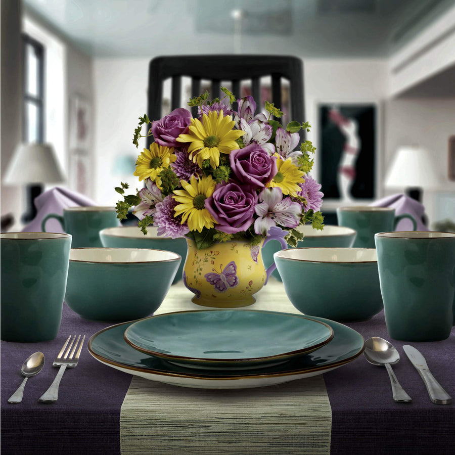 Elama Caribbean Tide 16 Piece Stoneware Dinnerware Set, Complete Setting for 4, in Green