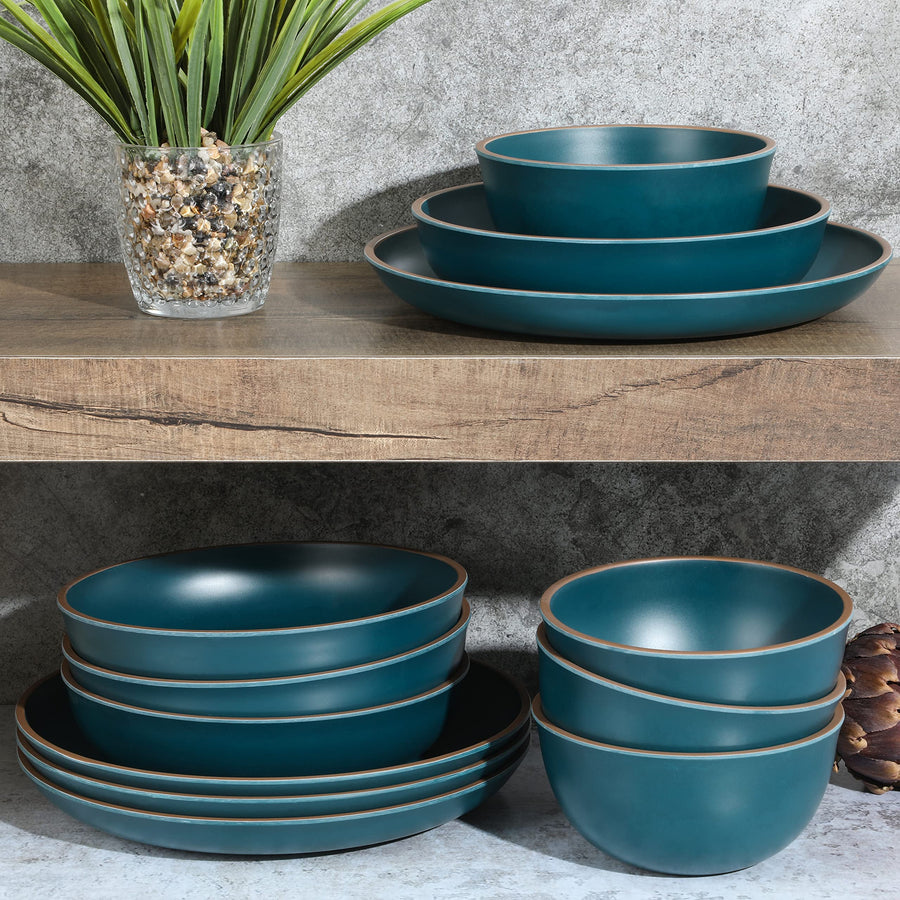 Gibson Home Rockabye 12 Piece Melamine Dinnerware Set in Dark Teal