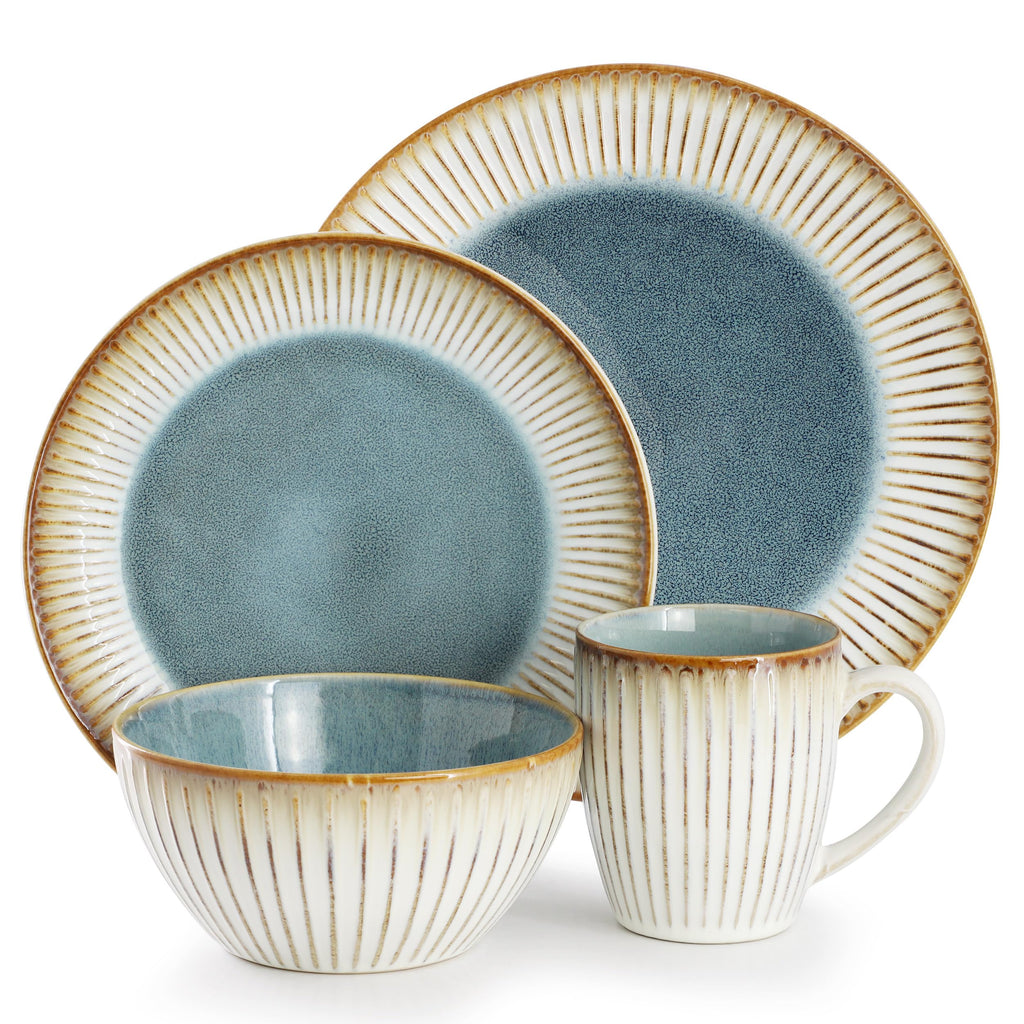 Elama Louann 16-Piece Stoneware Dinnerware Set – Textured Blue & Beige Color-Rim Place Settings, Service for 4