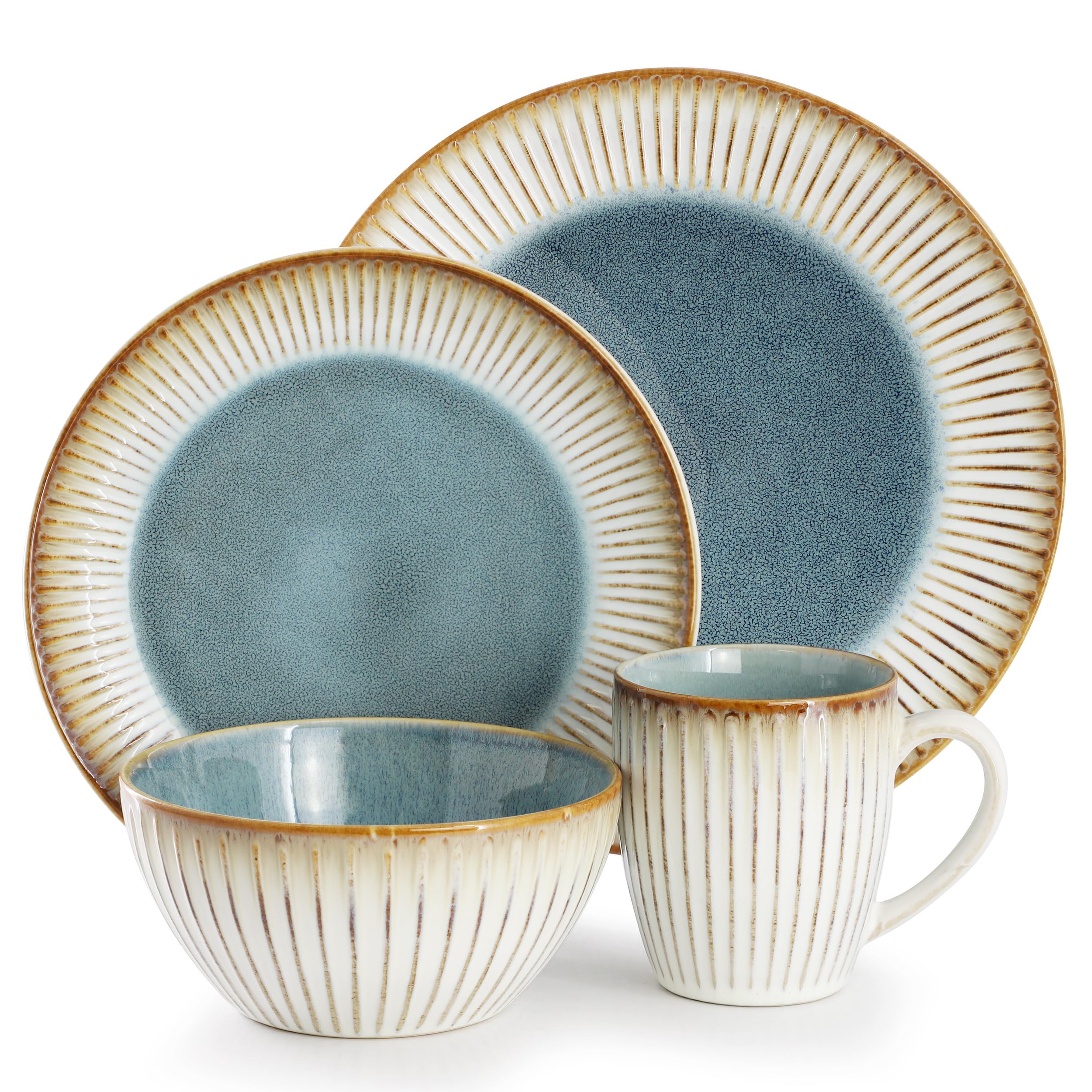 Elama Louann 16-Piece Stoneware Dinnerware Set – Textured Blue & Beige Color-Rim Place Settings, Service for 4