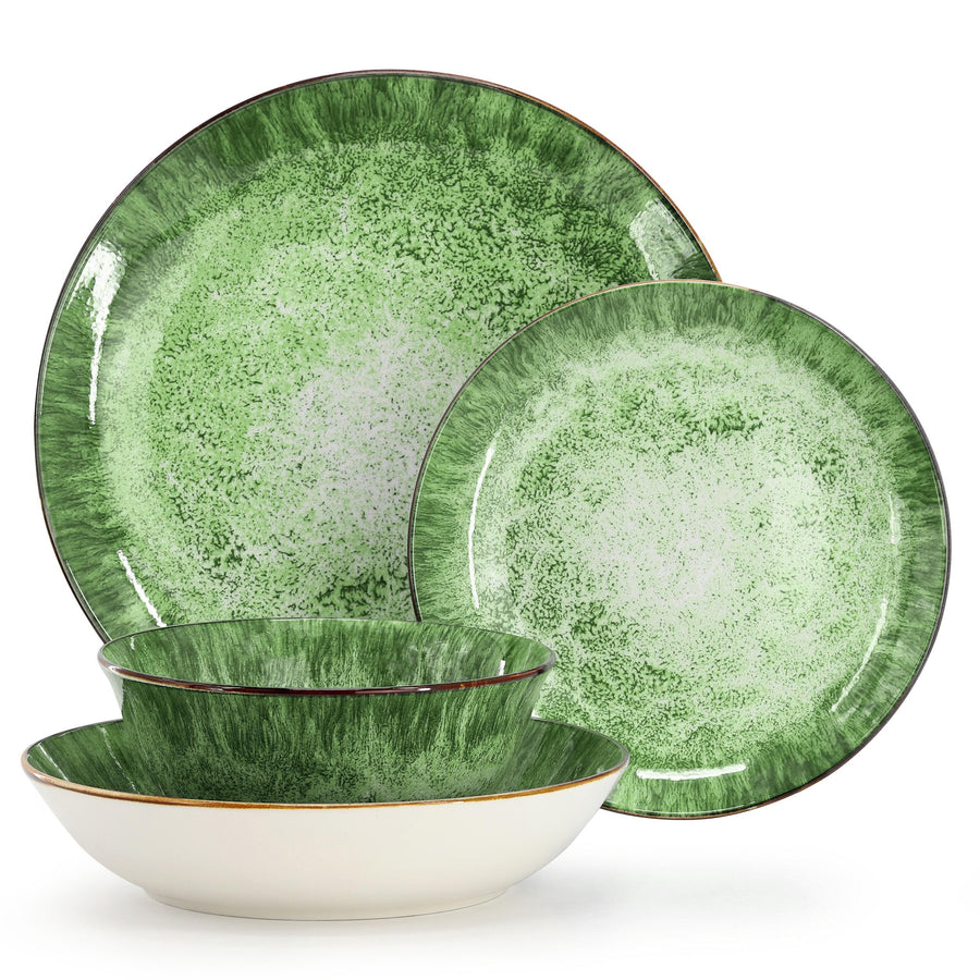 Elama Oceanus 16-Piece Round Porcelain Double Bowl Dinnerware Set, Service for 4, Green