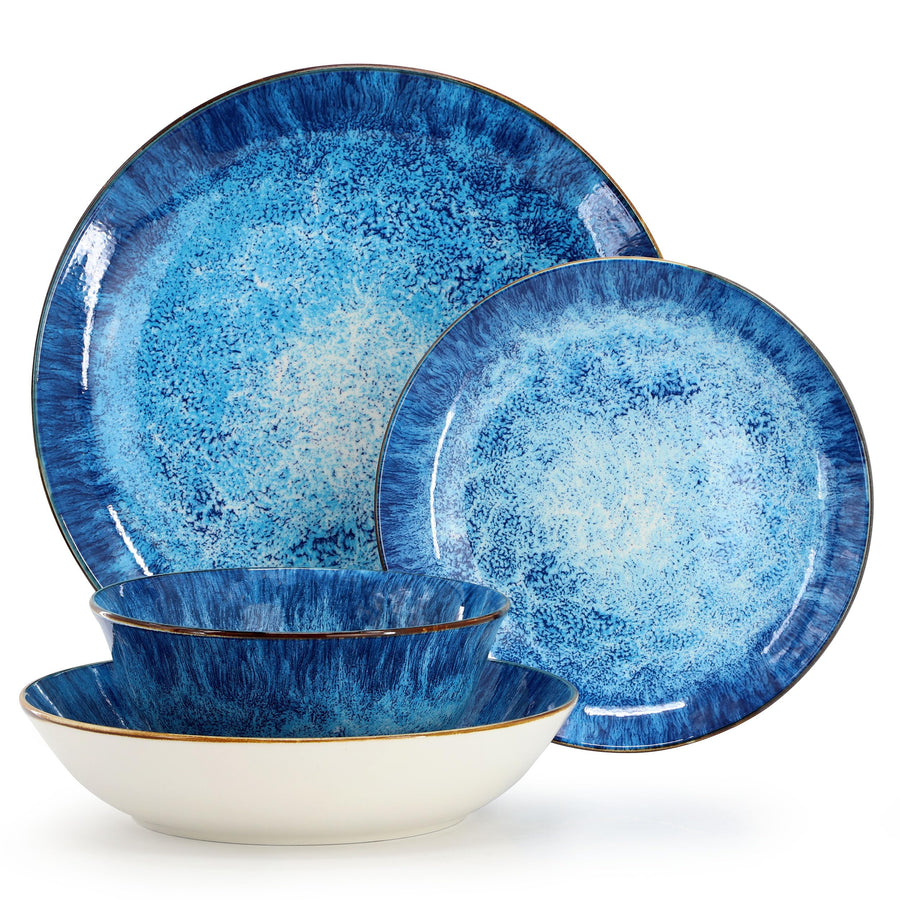 Elama Oceanus 16 Piece Round Porcelain Double Bowl Dinnerware Set in Blue, Service for 4