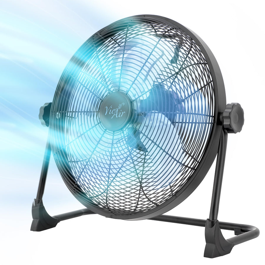 Vie Air 16 Inch Rechargeable Indoor/Outdoor Floor Fan, IPX4 Water-Resistant, Metal Blades with LED Light, Black