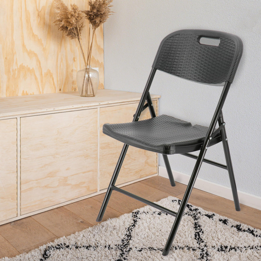 Elama 4-Piece Rattan Folding Dining Chairs, Black Resin Wicker, Indoor/Outdoor (Set of 4)