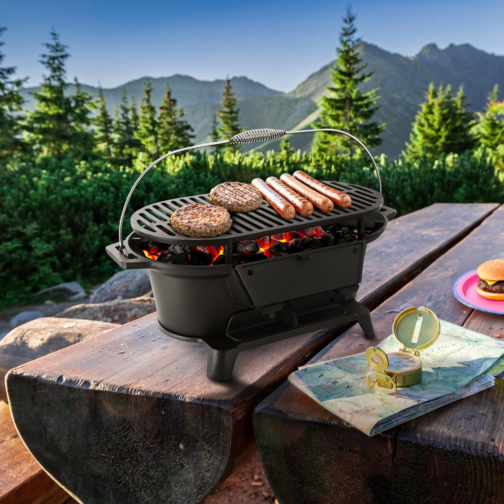 MegaChef Oval Cast Iron Portable Hibachi Charcoal Grill – Black Outdoor Tabletop BBQ for Camping & Tailgating