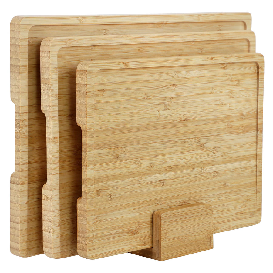 Elama 3 Piece Natural Bamboo Cutting Board Set with Upright Storage Base