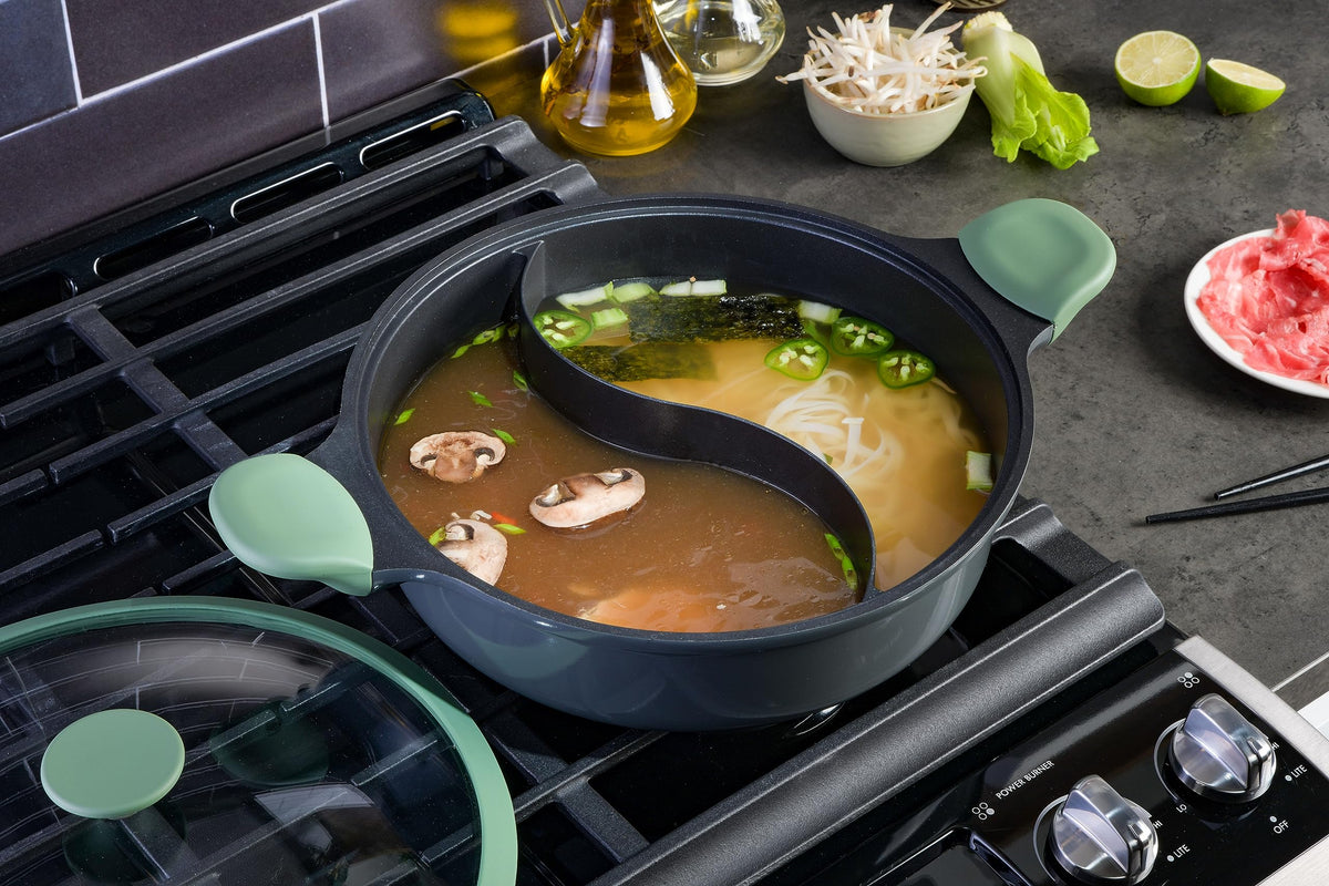 Kenmore Theodore 6.5-Quart Nonstick Cast Aluminum Divided Hot Pot Pan with Glass Lid, Induction Ready