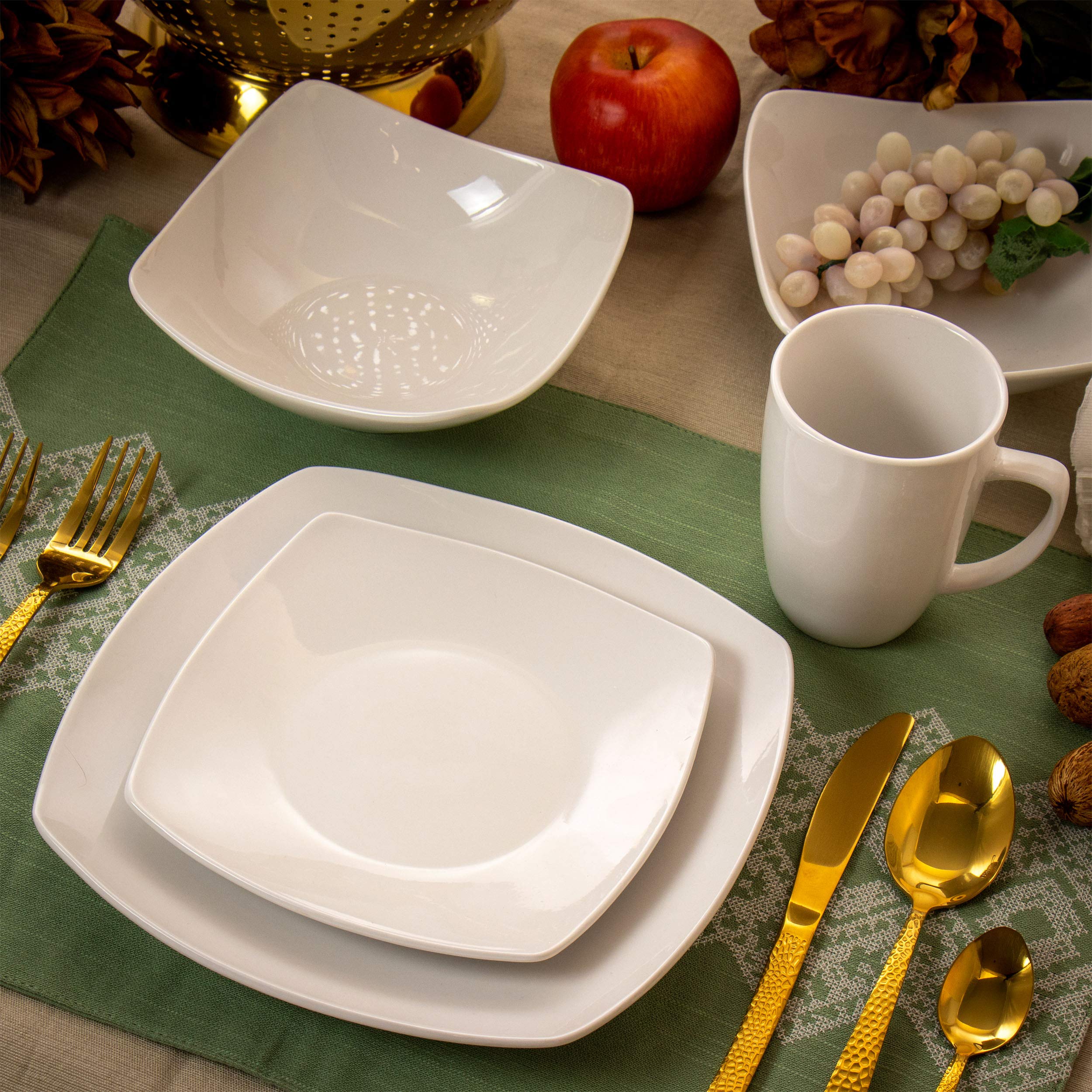 Elama Hayes 16-Piece Square Porcelain Dinnerware Set – Glossy White, Service for 4, Microwave & Dishwasher Safe
