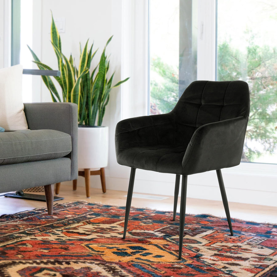Elama Velvet Tufted Bar Chairs, Black, Fixed Height, Set of 2