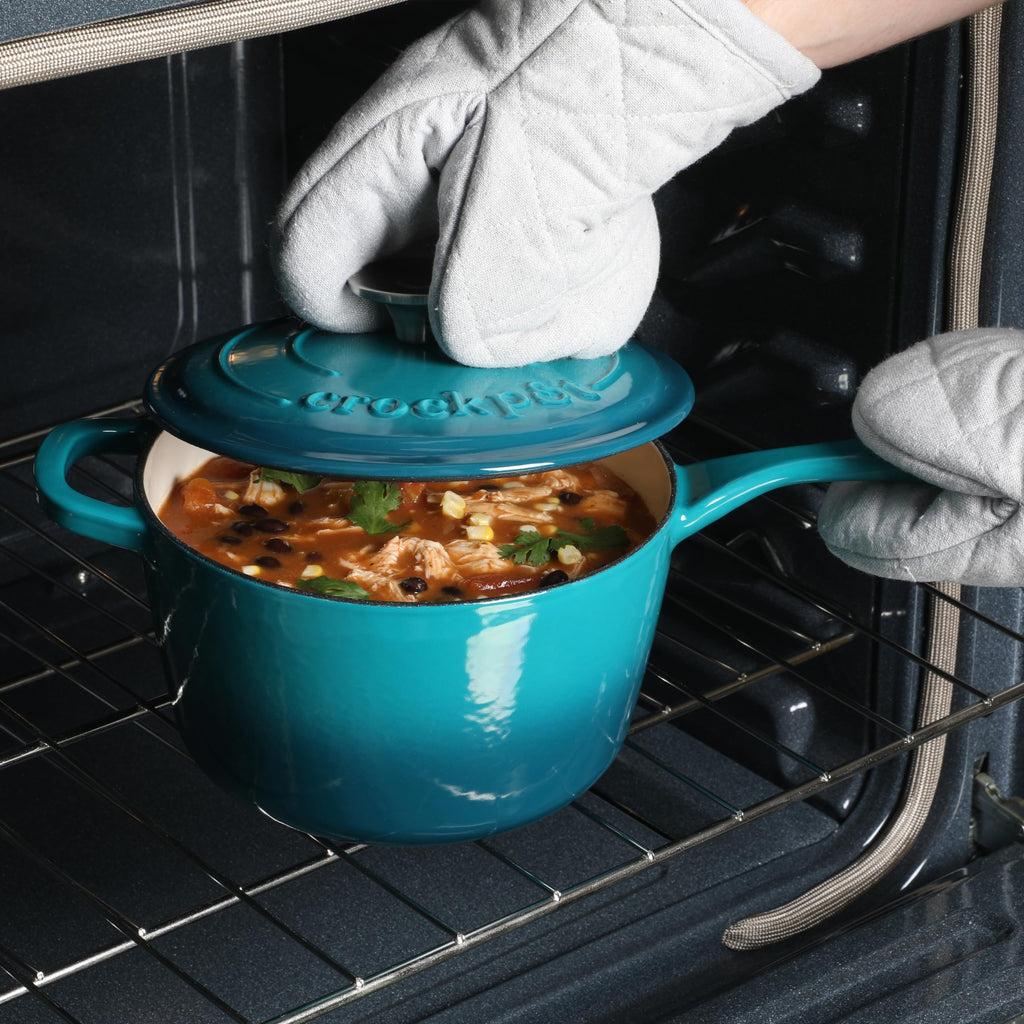 Crock-Pot Artisan 3-Quart Enameled Cast Iron Saucepan with Lid — Teal Ombre, Oven-Safe Heirloom Cookware for Sauces, Soups, Risotto & Braising